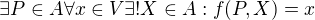 $\exists P\in A\forall x\in V\exists !X\in A:f(P,X)=x$