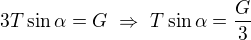 $3T\sin\alpha=G\ \Rightarrow \ T\sin \alpha =\frac{G}{3}$