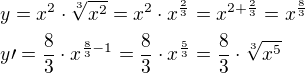 $y=x^2\cdot \sqrt[3]{x^2}=x^2\cdot x^{\frac{2}{3}}=x^{2+\frac{2}{3}}=x^{\frac{8}{3}}\nly\prime=\frac{8}{3}\cdot x^{\frac{8}{3}-1}=\frac{8}{3}\cdot x^{\frac{5}{3}}=\frac{8}{3}\cdot\sqrt[3]{x^5}$