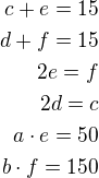 $c+e=15\\d+f=15\\2e=f\\2d=c\\a\cdot e=50\\b\cdot f=150$