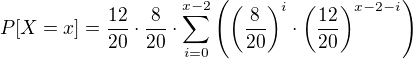 $P[X = x] = \frac{12}{20}\cdot\frac{8}{20}\cdot\sum_{i=0}^{x-2}\left(\left(\frac{8}{20}\right)^i\cdot\left(\frac{12}{20}\right)^{x-2-i}\right)$