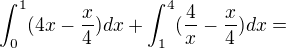 $\int_{0}^{1}(4x-\frac{x}{4})dx+\int_{1}^{4}(\frac{4}{x}-\frac{x}{4})dx=$