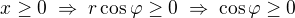 $x \geq 0 \; \Rightarrow \; r\cos\varphi \geq 0 \; \Rightarrow \; \cos\varphi \geq 0 $