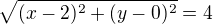 $\sqrt{(x-2)^2+(y-0)^2}=4$