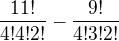 $\frac{11!}{4!4!2!}-\frac{9!}{4!3!2!}$
