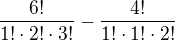 $\frac{6!}{1!\cdot 2!\cdot3!}-\frac{4!}{1!\cdot 1!\cdot 2!}$