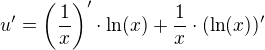 $u^{\prime}=\left(\frac{1}{x}\right)^{\prime}\cdot \ln (x)+\frac{1}{x}\cdot (\ln (x))^{\prime}$