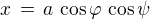 $x \,= \,a \,\cos \varphi \,\cos \psi$