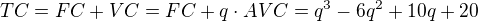 $TC=FC+VC=FC+q \cdot AVC=q^3-6q^2+10q+20$