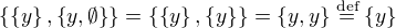 $\{\{ y\} , \{ y,\emptyset \}\} = \{\{ y\} , \{ y\}\} = \{ y, y\} \stackrel{\text{def}}{=} \{y\}$