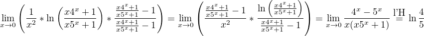 $\lim\limits_{x\to 0} \left( \frac{1}{x^2}*\ln \left(\frac{x4^x +1}{x5^x +1}\right)*\frac{\frac{x4^x +1}{x5^x +1}-1}{\frac{x4^x +1}{x5^x +1}-1}\right) = \lim\limits_{x\to 0} \left( \frac{\frac{x4^x +1}{x5^x +1}-1}{x^2}*\frac{\ln \left(\frac{x4^x +1}{x5^x +1}\right)}{\frac{x4^x +1}{x5^x +1}-1}\right) = \lim\limits_{x\to 0} \frac{4^x - 5^x }{x(x5^x+1)} \stackrel{\mbox{\script l'H}}{=} \ln\frac{4}{5}$