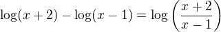$\log(x+2)-\log(x-1)=\log\left(\frac{x+2}{x-1}\right)$