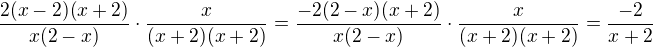 $\frac{2(x-2)(x+2)}{x(2-x)}\cdot\frac{x}{(x+2)(x+2)}=\frac{-2(2-x)(x+2)}{x(2-x)}\cdot\frac{x}{(x+2)(x+2)}=\frac{-2}{x+2}$