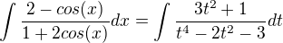 kopírovat do textarea $\int\frac{2-cos(x)}{1+2cos(x)}dx=\int\frac{3t^2+1}{t^4-2t^2-3}dt $