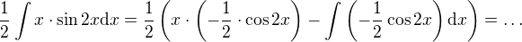 $\frac 12\int x\cdot\sin 2x\mathrm{d}x=\frac12\(x\cdot\(-\frac12 \cdot \cos2x\)-\int \(-\frac12 \cos2x\) \mathrm{d}x\)=\ldots$