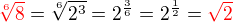 $\color{red}\sqrt[6]8 \color{black}= \sqrt[6]{2^3}=2^{\frac 36}=2^{\frac 12}=\color{red}\sqrt 2$