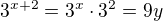 $3^{x+2}=3^{x}\cdot 3^{2}=9y$