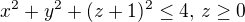 $x^2 + y^2 + (z+1)^2 \leq 4,\, z \geq 0$