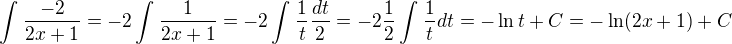 $\int_{}^{}\frac{-2}{2x+1}=-2\int_{}^{}\frac{1}{2x+1}=-2\int_{}^{}\frac{1}{t}\frac{dt}{2}=-2\frac{1}{2}\int_{}^{}\frac{1}{t}dt=-\ln t+C=-\ln (2x+1)+C$