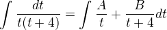 kopírovat do textarea $\int_{}^{}\frac{dt}{t(t+4)}=\int_{}^{}\frac{A}{t}+\frac{B}{t+4} dt$