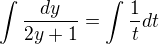 kopírovat do textarea $\int\frac{dy}{2y+1}=\int\frac{1}{t}dt$