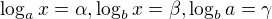$\log_{a}x = \alpha, \log_b x = \beta, \log_b a = \gamma$