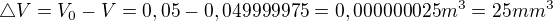 $\triangle V = V_{0} - V=0,05-0,049999975=0,000000025m^{3}=25mm^{3}$