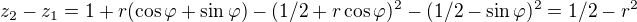 $z_2-z_1=1 + r(\cos \varphi+\sin \varphi)-(1/2+r\cos \varphi)^2-(1/2-\sin \varphi)^2=1/2-r^2$