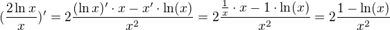 $(\frac{2 \ln x}{x})^{\prime}=2\frac{(\ln x)^{\prime}\cdot x-{x}^{\prime}\cdot {\ln (x)}}{x^2}=2\frac{\frac{1}{x}\cdot x-{1}\cdot {\ln (x)}}{x^2}=2\frac{1- \ln (x)}{x^2}$