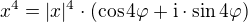 $x^4=|x|^4\cdot(\cos4\varphi+\rm{i}\cdot\sin4\varphi)$