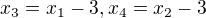 $x_{3}=x_{1}-3, x_{4}=x_{2}-3$