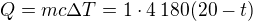 $Q=mc\Delta T=1\cdot4\:180(20-t)$