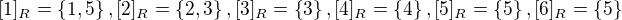 $[1]_{R}=\{1,5\},[2]_{R}=\{2,3\},[3]_{R}= \{3\},[4]_{R}=\{4\},[5]_{R}=\{5\},[6]_{R}=\{5\}$
