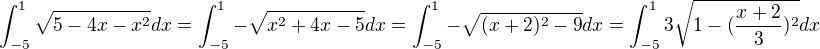 $\int_{-5}^{1}\sqrt{5-4x-x^2}dx=\int_{-5}^{1}-\sqrt{x^2+4x-5}dx=\int_{-5}^{1}-\sqrt{(x+2)^2-9}dx=\int_{-5}^{1}3\sqrt{1-(\frac{x+2}{3})^2}dx$
