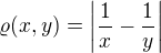 $\varrho{\(x, y\)}=\left|\frac{1}{x}-\frac{1}{y}\right|$