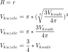 $R=r\nlV_{kuzele}=\pi*(\sqrt[3]{\frac{3V_{koule}}{4\pi}})^3\nlV_{kuzele}=\pi*\frac{3V_{koule}}{4\pi}\nlV_{kuzele}=\frac{3}{4}*V_{koule}$