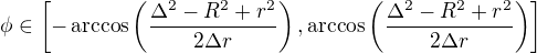 $\phi\in\left[-\arccos\left(\frac{\Delta^2-R^2+r^2}{2\Delta r}\right),\arccos\left(\frac{\Delta^2-R^2+r^2}{2\Delta r}\right)\right]$