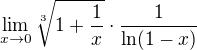 $\lim_{x\to 0}\sqrt[3]{1+\frac{1}{x}}\cdot \frac{1}{\ln(1-x)}$