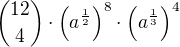 ${12\choose 4}\cdot \left(a^{\frac 12}\right)^{8}\cdot\left(a^{\frac 13}\right)^{4}$