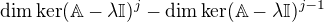 $\dim\ker(\mathbb{A}-\lambda\mathbb{I})^j-\dim\ker(\mathbb{A}-\lambda\mathbb{I})^{j-1}$