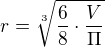$r=\sqrt[3]{{\frac 68\cdot \frac V \Pi }}$