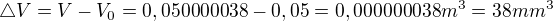 $\triangle V = V - V_{0}=0,050000038-0,05=0,000000038m^{3}=38mm^{3}$