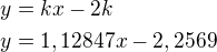 $y=kx-2k\nly=1,12847x-2,2569$