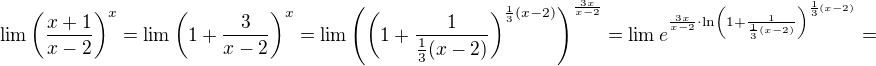 $\lim \left(\frac{x + 1}{x - 2} \right)^x = \lim \left(1 + \frac{3}{x - 2}\right)^x = \lim \left(\left(1 + \frac{1}{\frac{1}{3}(x - 2)}\right)^{\frac{1}{3}(x - 2)}\right)^{\frac{3x}{x - 2}} = \lim e^{\frac{3x}{x - 2} \cdot \ln \left(1 + \frac{1}{\frac{1}{3}(x - 2)}\right)^{\frac{1}{3}(x - 2)}} = $