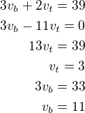 kopírovat do textarea $3v_b+2v_t=39\\3v_b-11v_t=0\\13v_t=39\\v_t=3\\3v_b=33\\v_b=11$