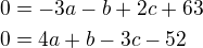 $0=-3a-b+2c+63\nl 0=4a+b-3c-52$
