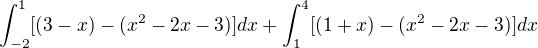 $\int_{-2}^1[(3-x)-(x^2-2x-3)]dx+\int_1^4[(1+x)-(x^2-2x-3)]dx$