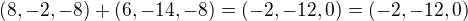 $(8,-2,-8)+(6,-14,-8)=(-2,-12,0)=(-2,-12,0)$