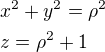 $x^2+y^2=\rho^2\nlz=\rho^2+1\nl$