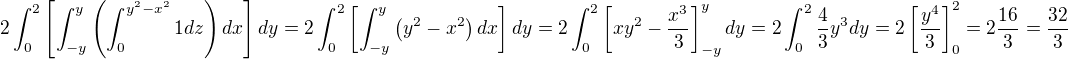 $2\int_0^2\left[\int_{-y}^y\left(\int_0^{y^2-x^2}1dz\right)dx\right]dy=2\int_0^2\left[\int_{-y}^y\left(y^2-x^2\right)dx\right]dy=2\int_0^2\left[xy^2-\frac{x^3}3\right]_{-y}^ydy=2\int_0^2\frac43y^3dy=2\left[\frac{y^4}3\right]_0^2=2\frac{16}3=\frac{32}3$
